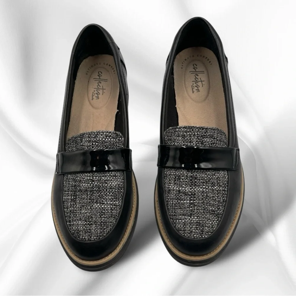 Clarks Women's Sharon Gracie Black Tweed Women's Loafers Size 8.5M